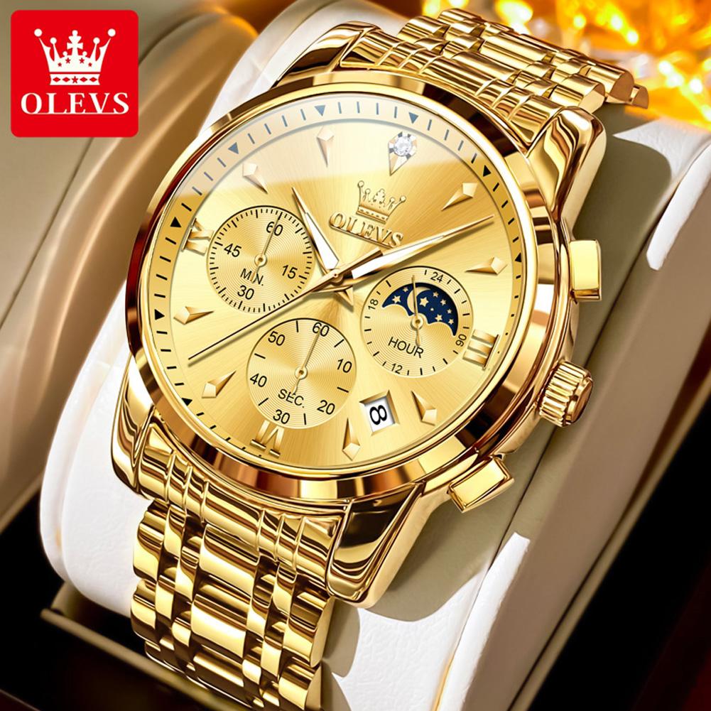 OLEVS Moon Phase Original Mens Watches Classic Three Eyes Waterproof Luminous Chronograph Quartz Wristwatch Brand Watch