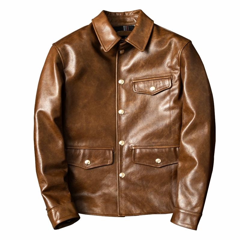 Genuine Leather Jacket for Men Top Grain Cowhide Slim Fit Waxed Tea Core Biker Coat