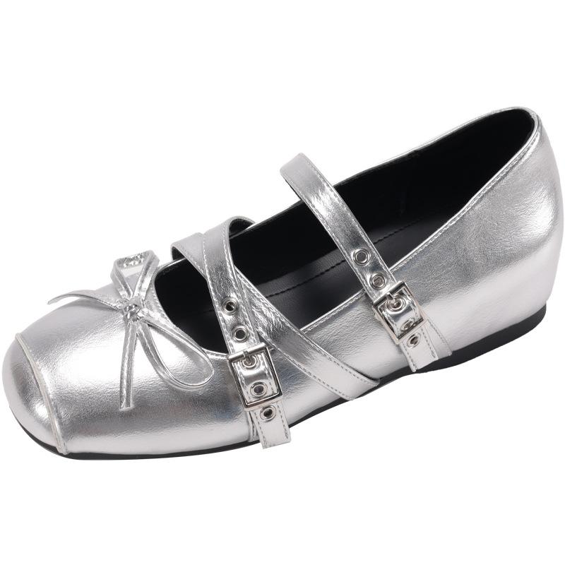 Silver Inner Height Increase 6cm Ballet Single Shoes Women's Summer New French Bow Mary Jane Shoes Flat Large Size Women's Shoes