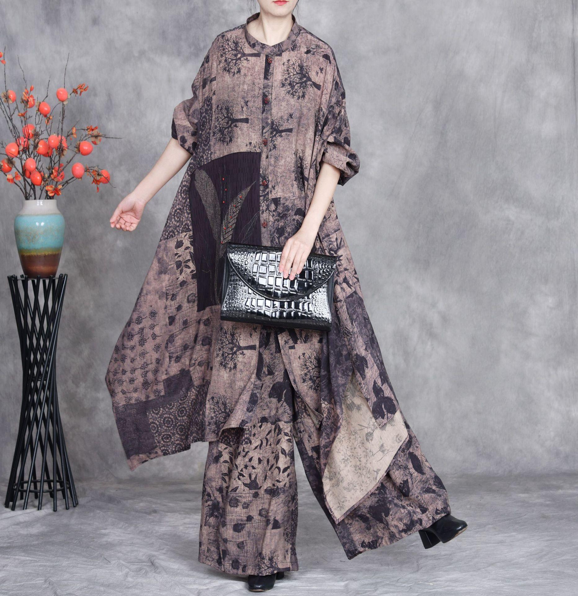 

Johnature Women Vintage Pant Sets Shirt Stand Print Floral Button Patchwork Spring Sets One Size