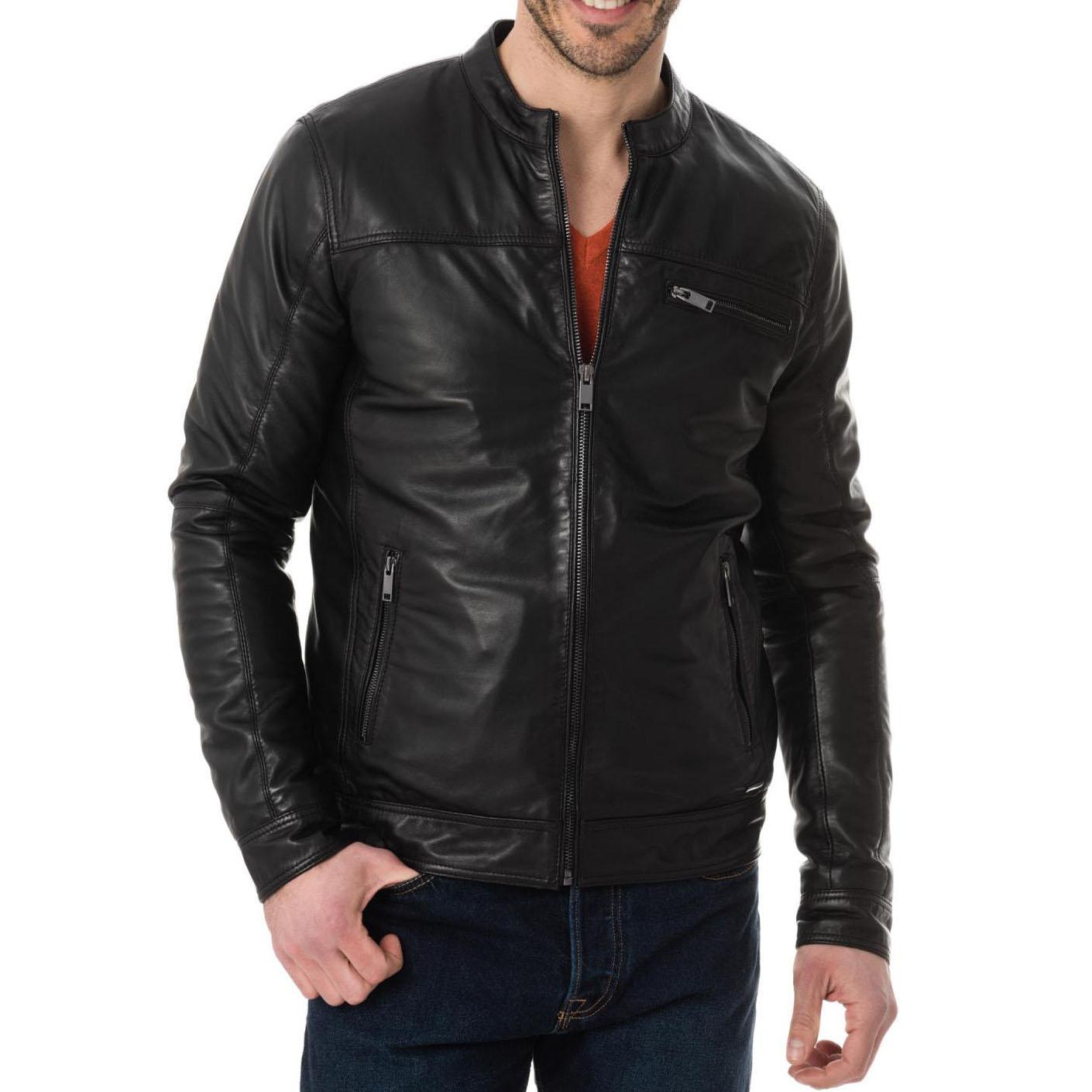 

SkinOutfit Men s Genuine Lambskin Black Leather Jacket Stylish Motorcycle Bomber Biker Outerwear MJ 222 L чорний