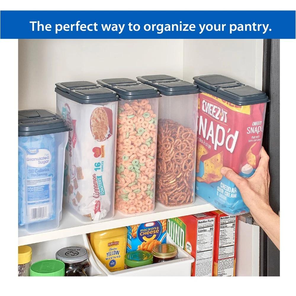 Multi Use Plastic Dispensers Set of 4 Clear Storage Containers Dark Gray Lids Stackable Kitchen Organizer Versatile 7.75x4x11.4