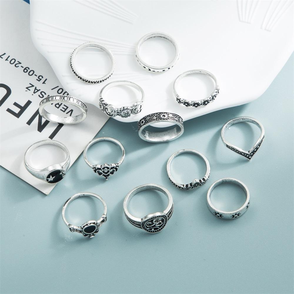 13 Pcs/set Vintage Women Retro Aesthetic Flower Rings Set Black Fashion Party Ring for Women Finger Jewelry