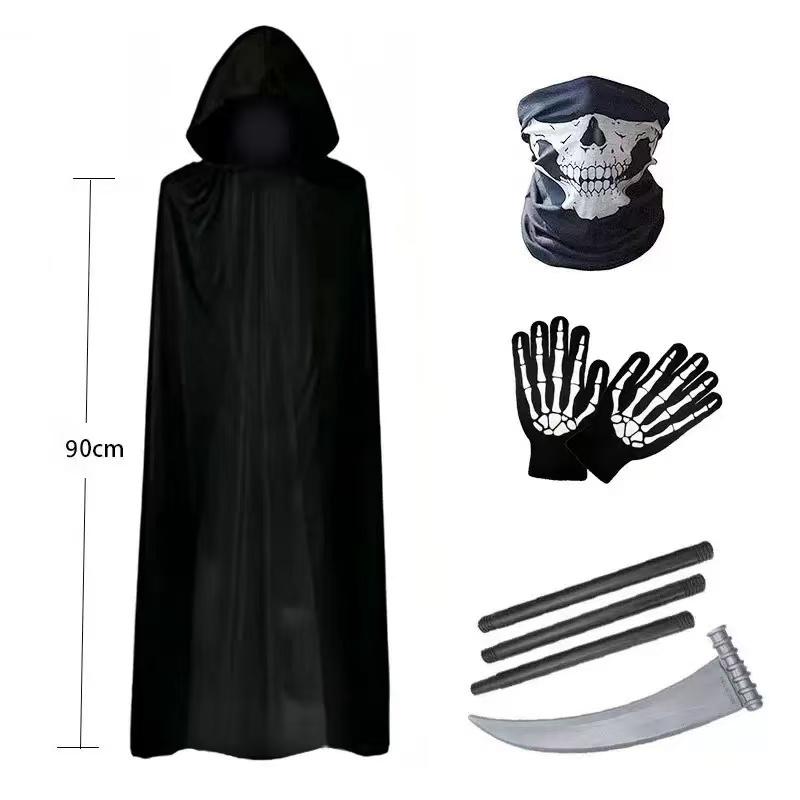 2027 Halloweenfeest Rollenspel Kinderen Volwassene Dood Zwarte Mantel Halloween Schedel Bal Kostuum Accessoire Set Vakantiecadeau One Size&1 black