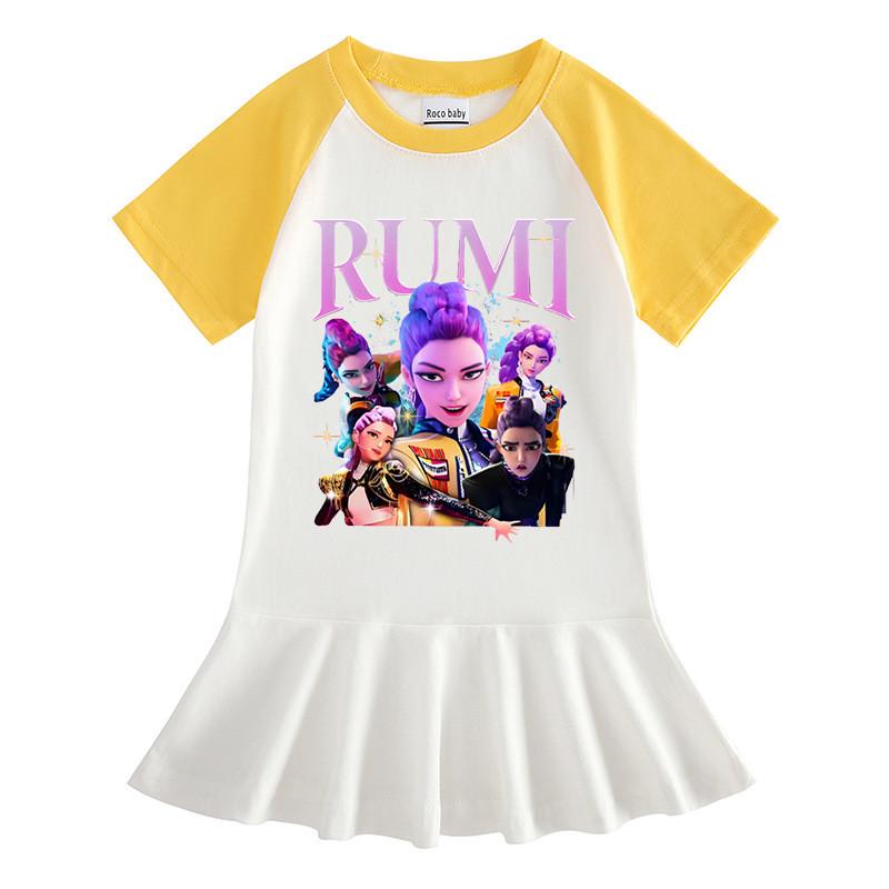 Girls Kpop Rumi Mira Zoey Hunters Print Raglan Sleeves Cotton Dress