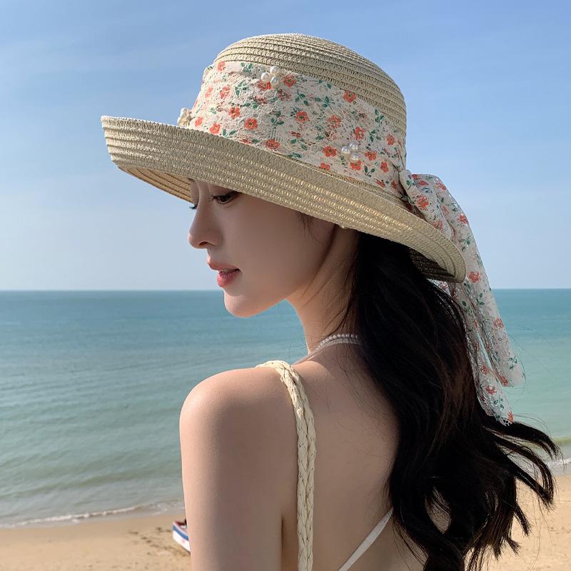

Летняя шляпа Женская пляжная солнцезащитная шляпа для путешествий и отдыха Шляпа от солнца с широкими полями, кружевом и бантом Летняя соломенная шляпа One Size