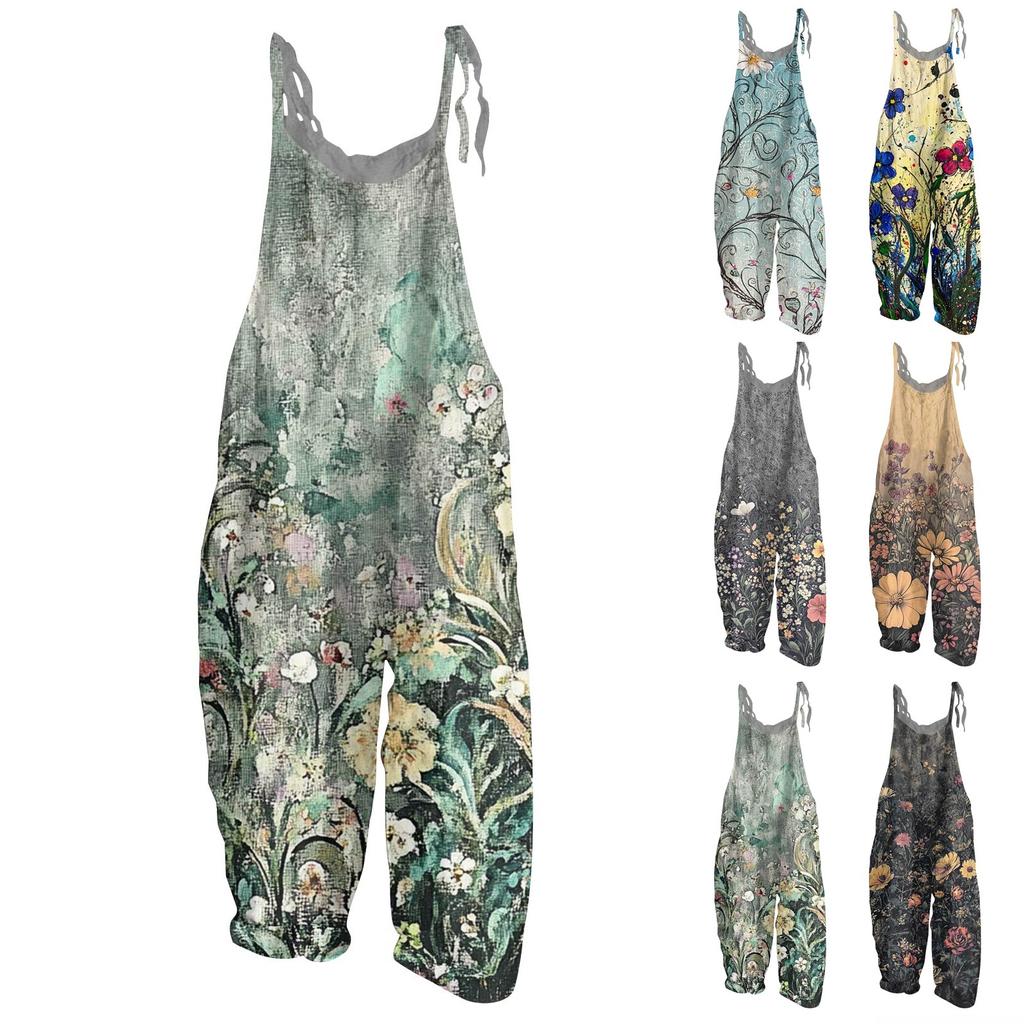 Women's Jumpsuit Floral Print Casual Loose Vintage Shoulder Strap Cotton Linen