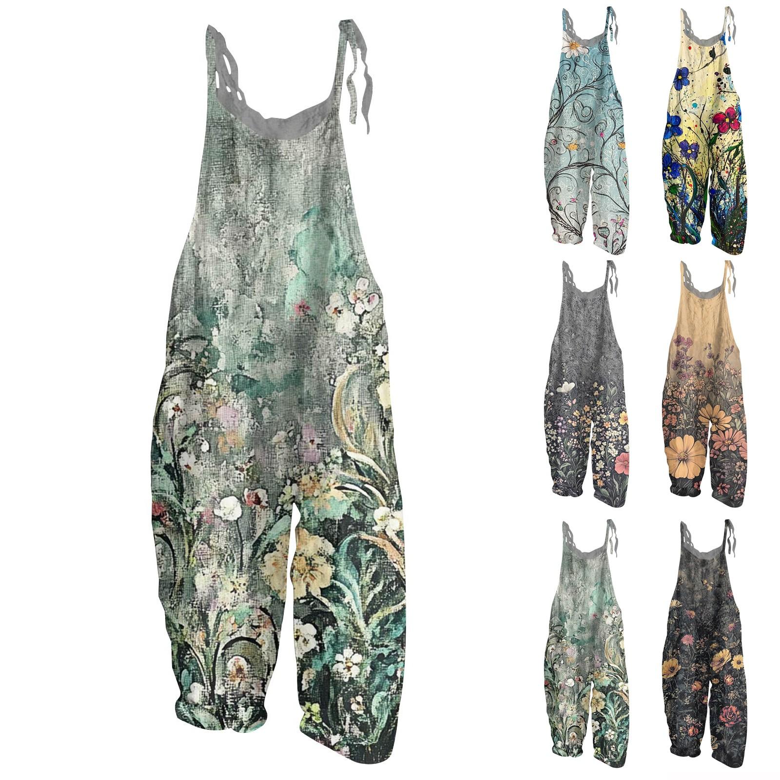 

Women s Jumpsuit Floral Print Casual Loose Vintage Shoulder Strap Cotton Linen XXXL помаранчевий