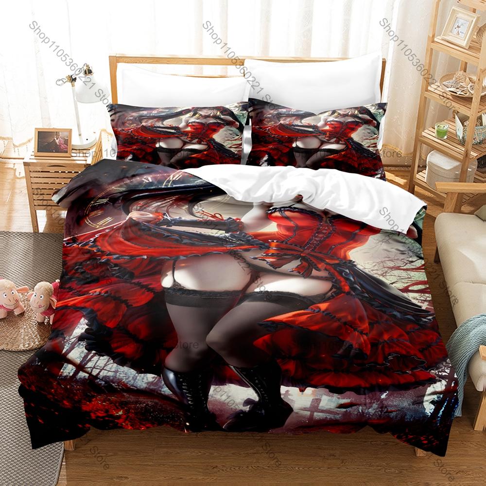Cool Date A Live Kurumi Tokisaki Black Gothic Dress Spirit Form Bedding Set Duvet Cover + 2 Pillowcases Otaku Room Decor