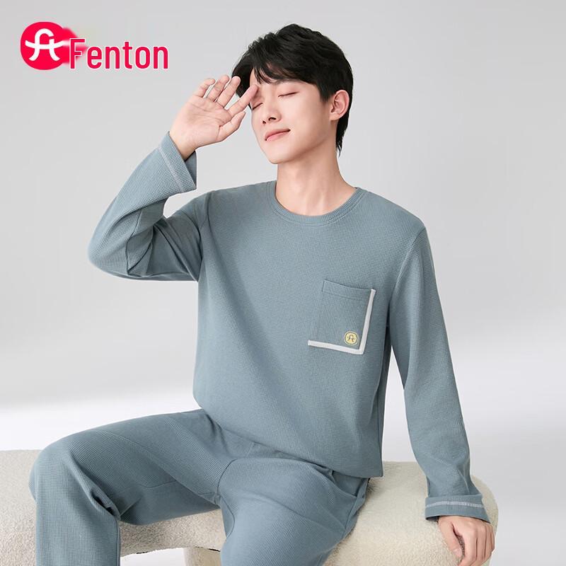 FENTENG Men's Waffle Knit Long-Sleeve Loungewear Set