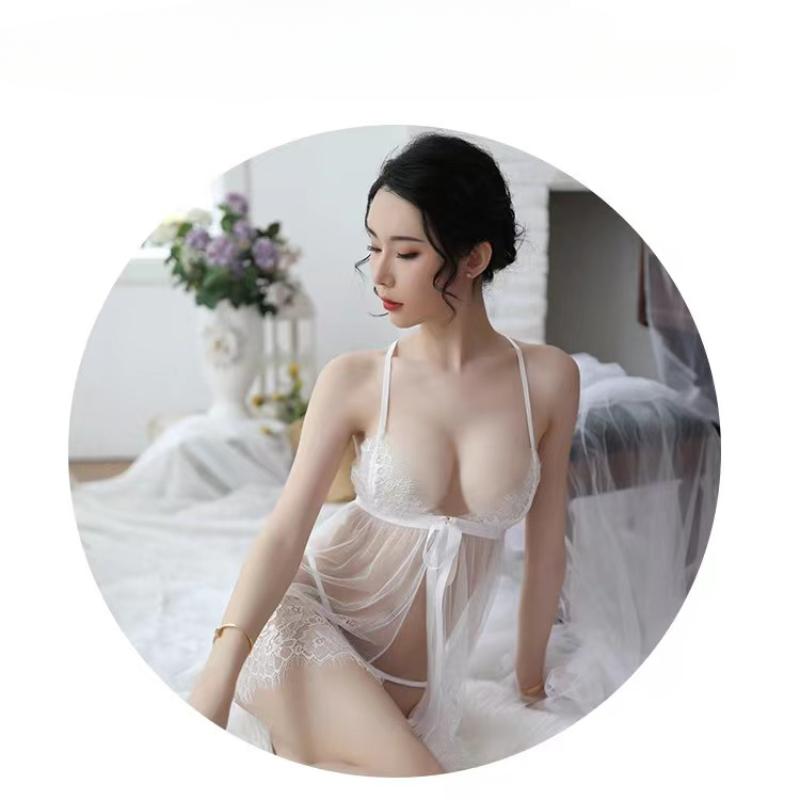Sexy Lingerie Pajama Suspender Slit Short Night Shirt Hot Lace Sheer Dress Erotic Underwear Sets Transparent Nightgown Thong Set