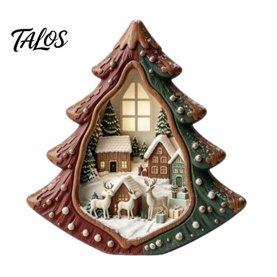 Christmas Tree Wooden Figurines Tabletop Decor with Warm LED Lights, 2D Printed Snow Village Scene Decorative Church And Sleigh Sets Santa Reindeer