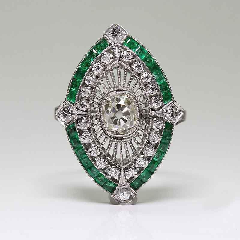 

Покрытое серебром ювелирное изделие в стиле ар-деко со стразами, кольцо для невесты с натуральным изумрудом 9