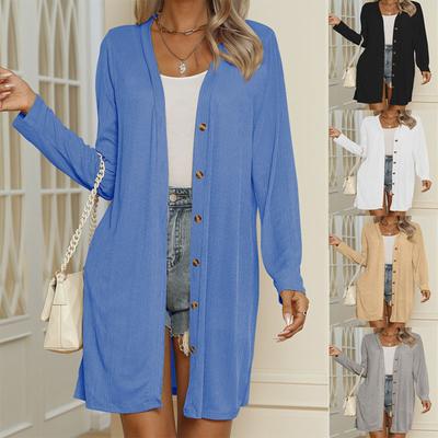 Cárdigan Casual Largo de Manga Larga de Color Sólido con Botones para Mujer