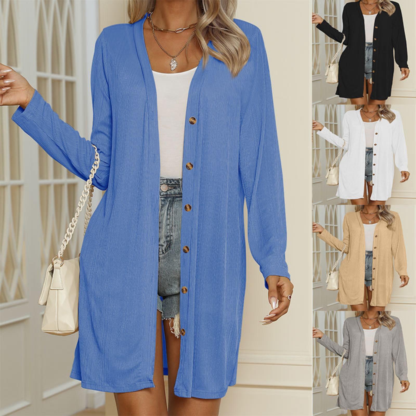 

Women s Long Button Solid Color Casual Long Sleeve Cardigan Woman S білий