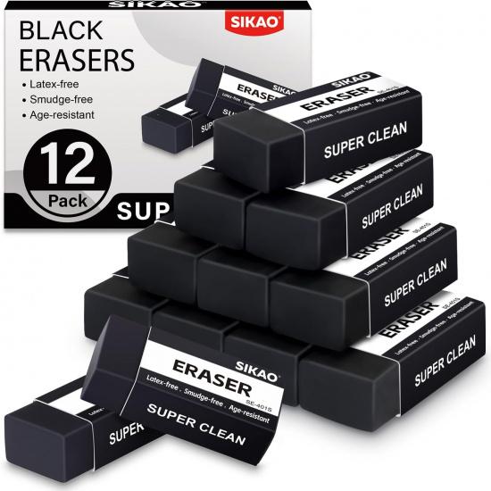 White Erasers, 12 Pack Block Pencil Erasers – Smudge-Free Latex-Free, Erasers for Kids School Supplies, Clean Erase for Homework, Office & Drawing чёрный