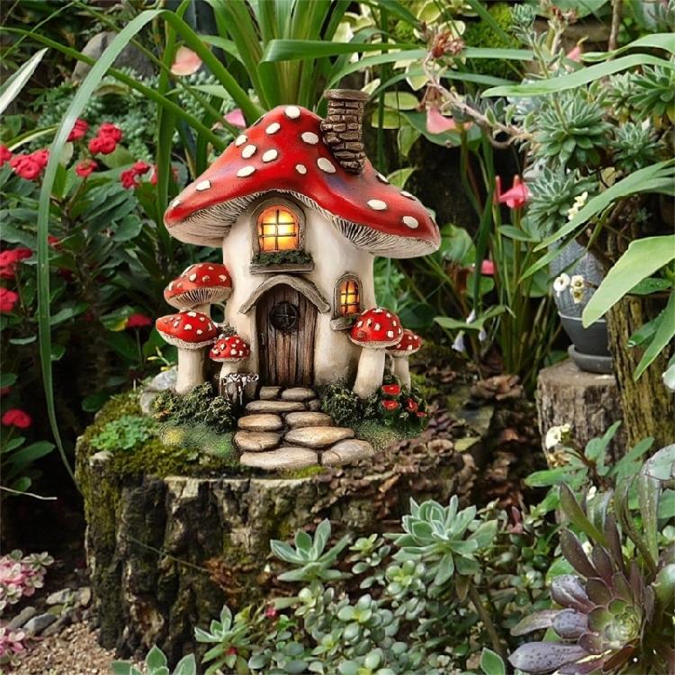 Realistischer handgefertigter Pilzhaus-Pflanzstab Cottage-Hofschild Rasenornamente Geeignet für kreative Gartendekoration