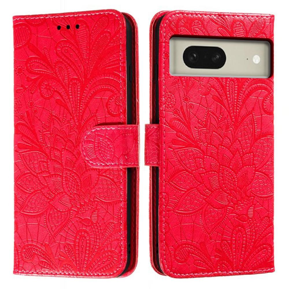 

For Google Pixel 8 Case Lace Flowers PU Leather Flip Wallet Phone Cover Red