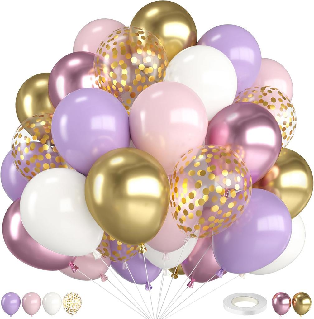 12inch-30pcs Pink Purple Gold Latex Balloon Set with Confetti, Suitable for Weddings, Birthdays, Popular Parties, Bridal Showers