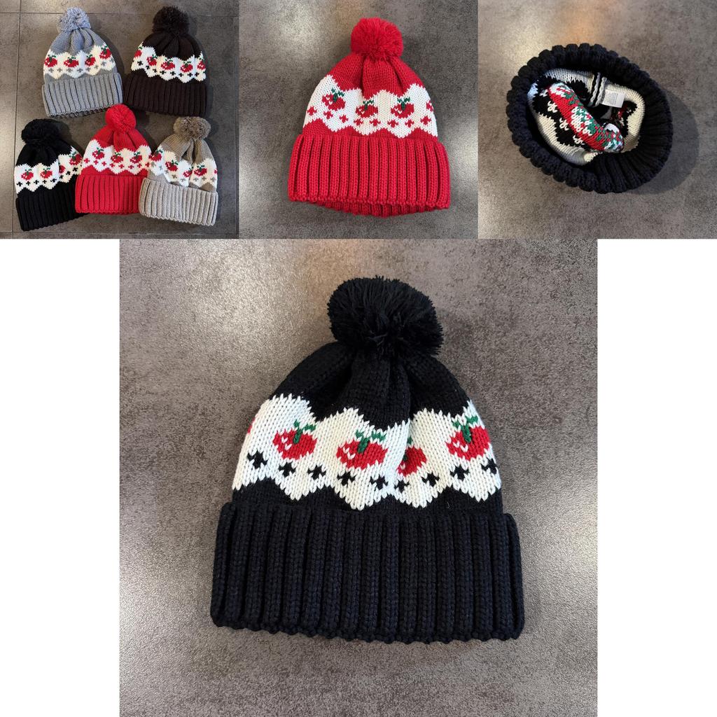 Warm Knitted Hat Cherry Embroidery Design And Plush Ball Decoration For Autumn Cold Weather And Casual Wear