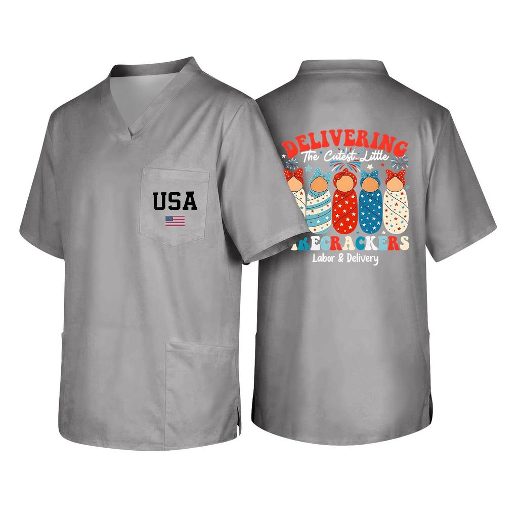 Men's Short Sleeve V Neck Work Shirt Nurse Uniform Top with Pocket USA Print Casual Fit Medical Scrub Tee for Healthcare Professionals