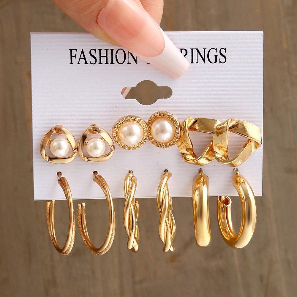 European & American Retro Geometric Hammered Textured Earrings 6-Piece Set: Creative Heart Diamond Stud & Alloy Earrings