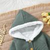 Infant and Toddler Solid Color Fleece-Lined Hooded Knitted Long-Sleeved Romper Jumpsuit