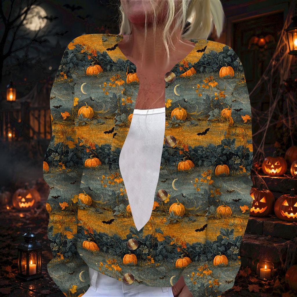 Damen Strickjacke mit langen Ärmeln und Knopfleiste Halloween-Print Lässige Oberbekleidung für Herbst Winter