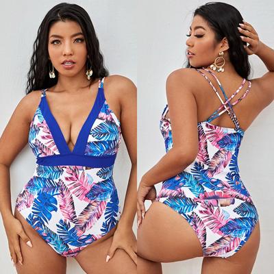 2025 Sexy Print Plus Size Swimwear Women V Neck Large Big One Piece Swimsuit Curvy Back Cross Chubby Bathing Suit