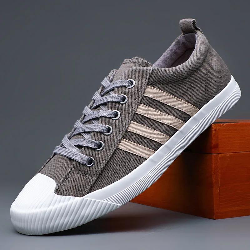 New Shoes for Men Canvas Casual Shoes Spring Summer Striped Flat Skateboard Shoes Youth Lace-up Sneakers