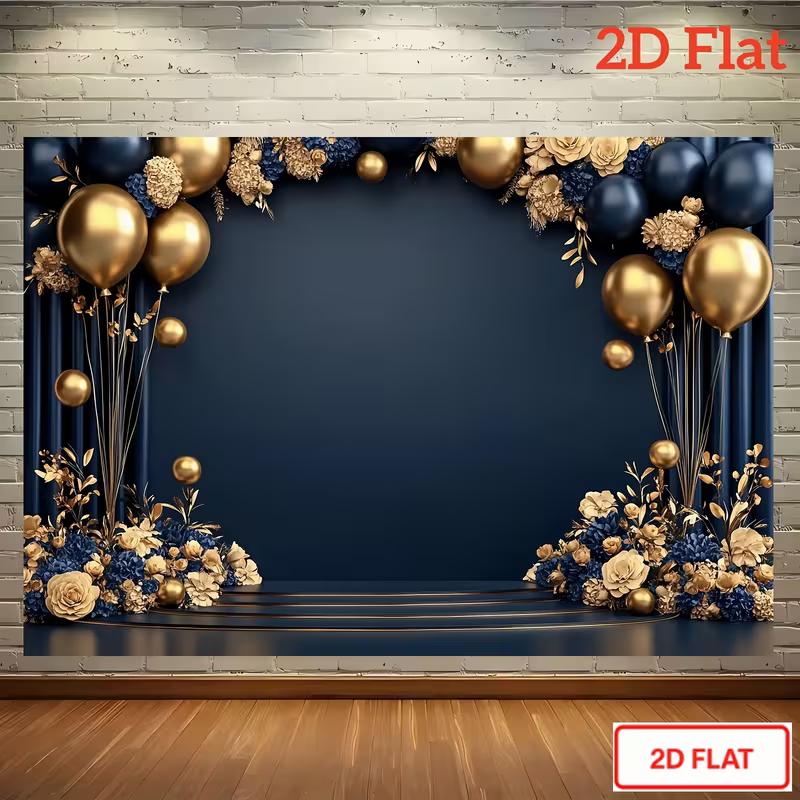 2D Mörkblå Guld Ballong & Blomma Bakgrund, 10x6ft Lyxig Fest Fotobås Bakgrund för Festival & Firande