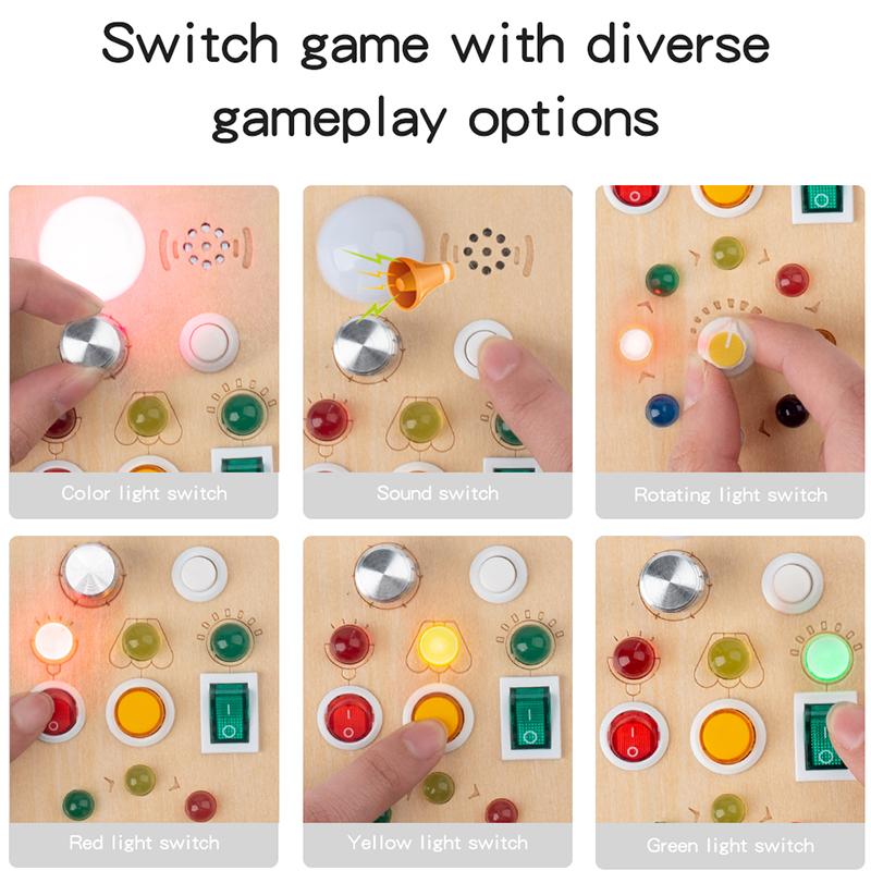 Giocattolo Montessori per bambini con interruttori e luci sonore, puzzle in legno per l'educazione precoce, allenamento delle abilità manuali per bambini di 3 anni