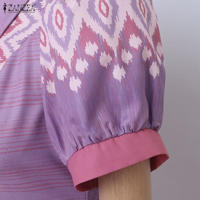 ZANZEA Women Casual Doll Collar Short Sleeve Ethnic Print Dress