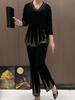 2pcs Pants Suit Spring Women's  Plus-size Velvet Blouse Rhinestone Elastic Waistband High-waist Velvet Pants Two-piece Set
