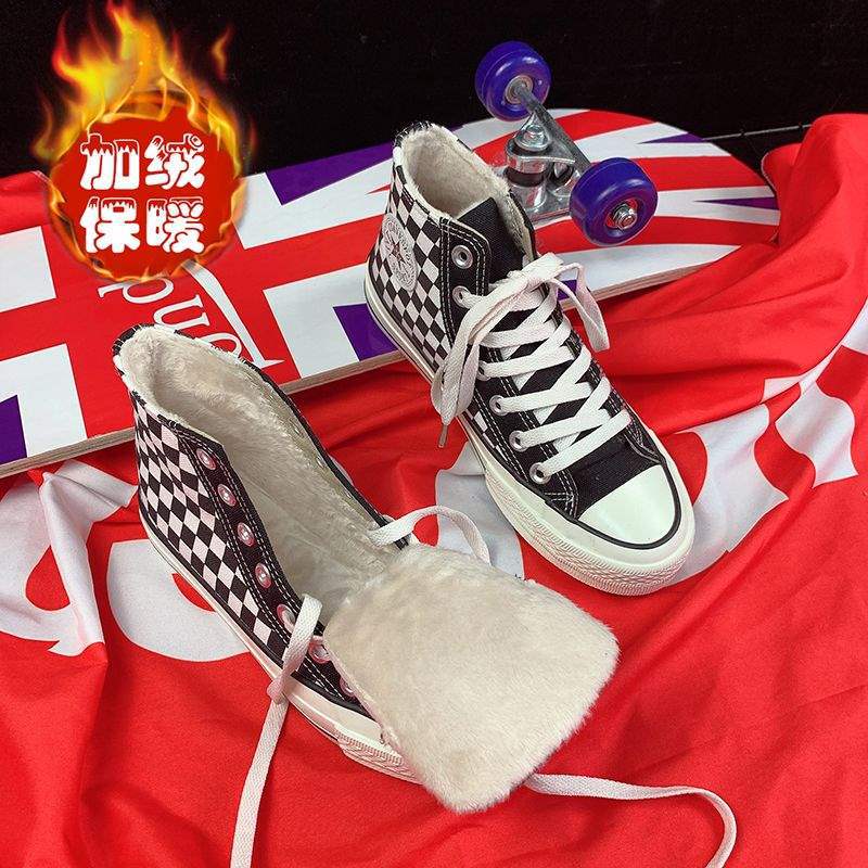 Winter New Blue Velvet High-top Canvas Shoes Warm Women's Shoes 1970s Classic Versatile Student Casual Board Shoes