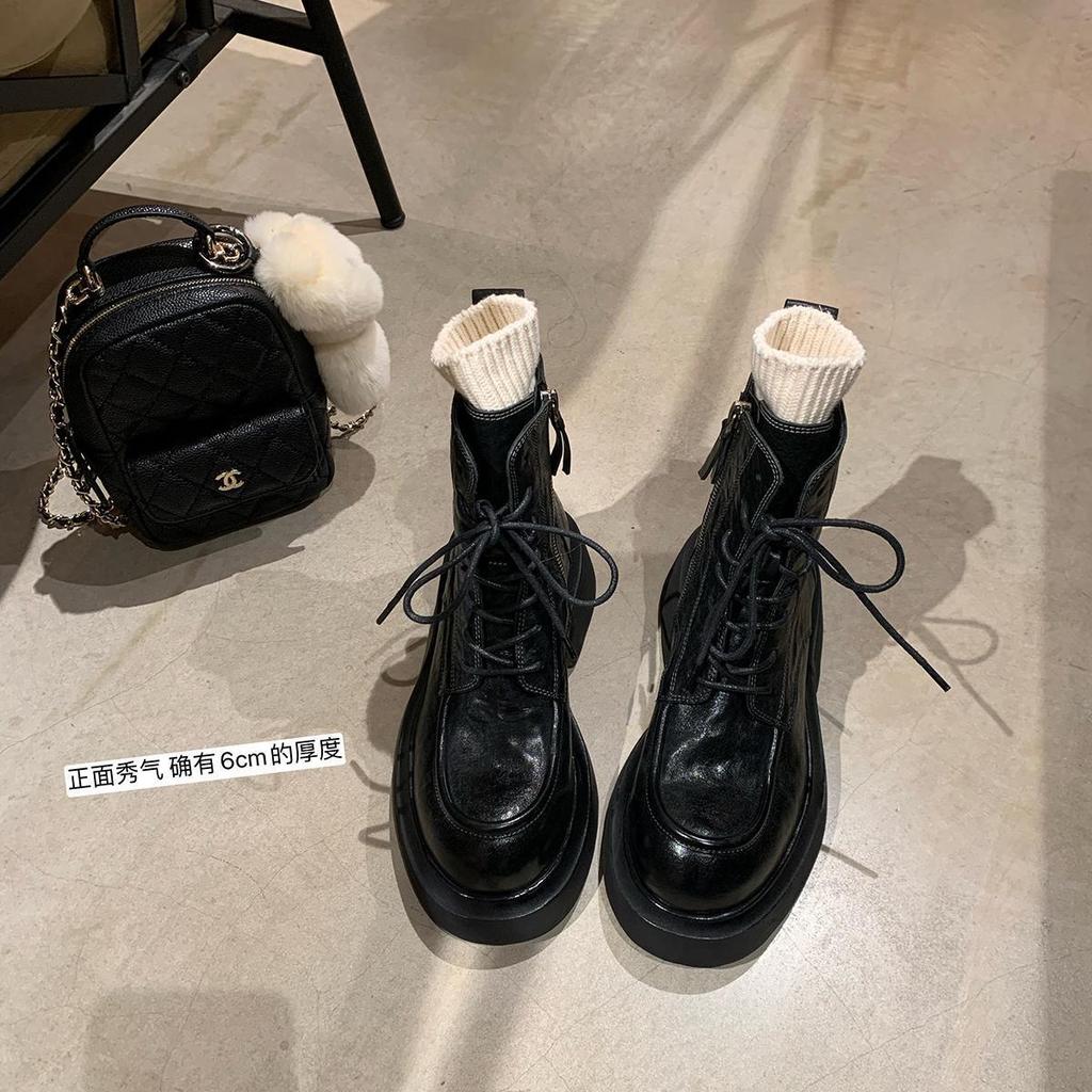 Cowhide Version~ Grape Mother Shrink-grain Horse Leather Boots Heightened Thick Heel Thick Sole Lace-up Side Zipper Martin Boots Women's Short Boots