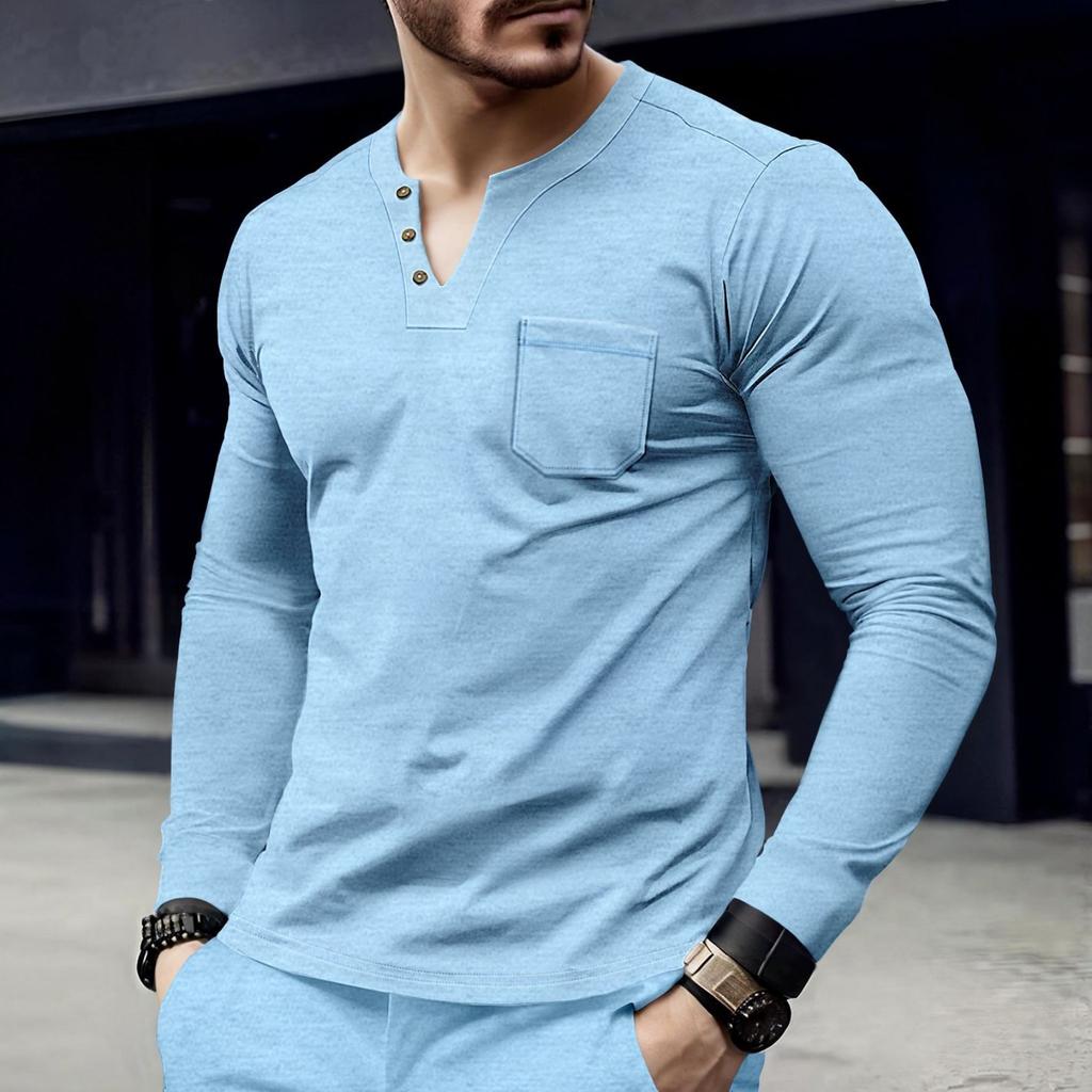 Men's Casual ,color Top, Men's Long,sleeved Button Pocket V,neck Top