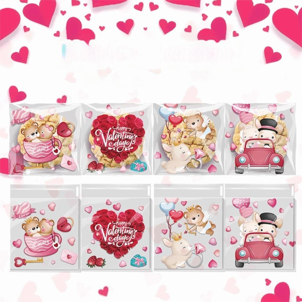 100pcs Transparent Valentine s Day Gift Bags Heart Print Heart Balloon & Teddy Bear Design Candy Bag Food Packaging Valentine S