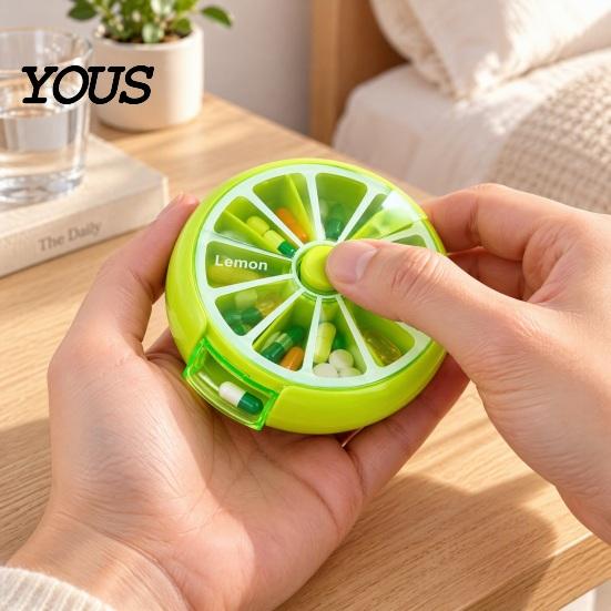 Daily Pill Management Tool 7 Day Organizer, Portable Rotary Case, Cute Fruit Style Vitamin Holder for Trips Compact ABS Container Travel And