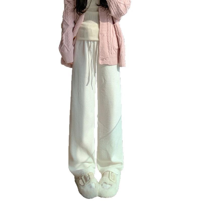 Blue Chenier Wide Leg Pants Women's Autumn and Winter High Waist Loose Lazy Straight Herringbone Casual Fleece Knitted Pants