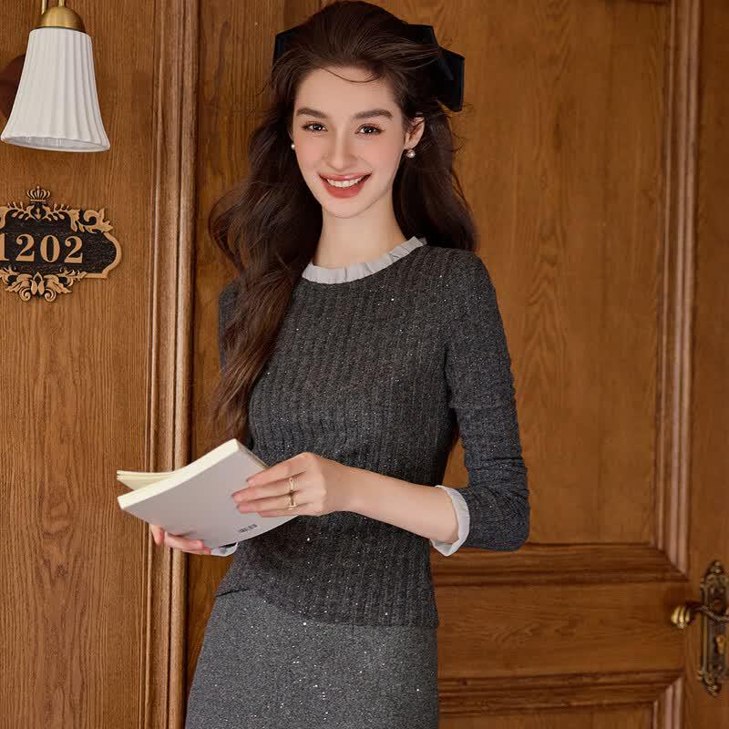Bailuyu Contrast Lace Trim Slim Long-Sleeve T-Shirt M