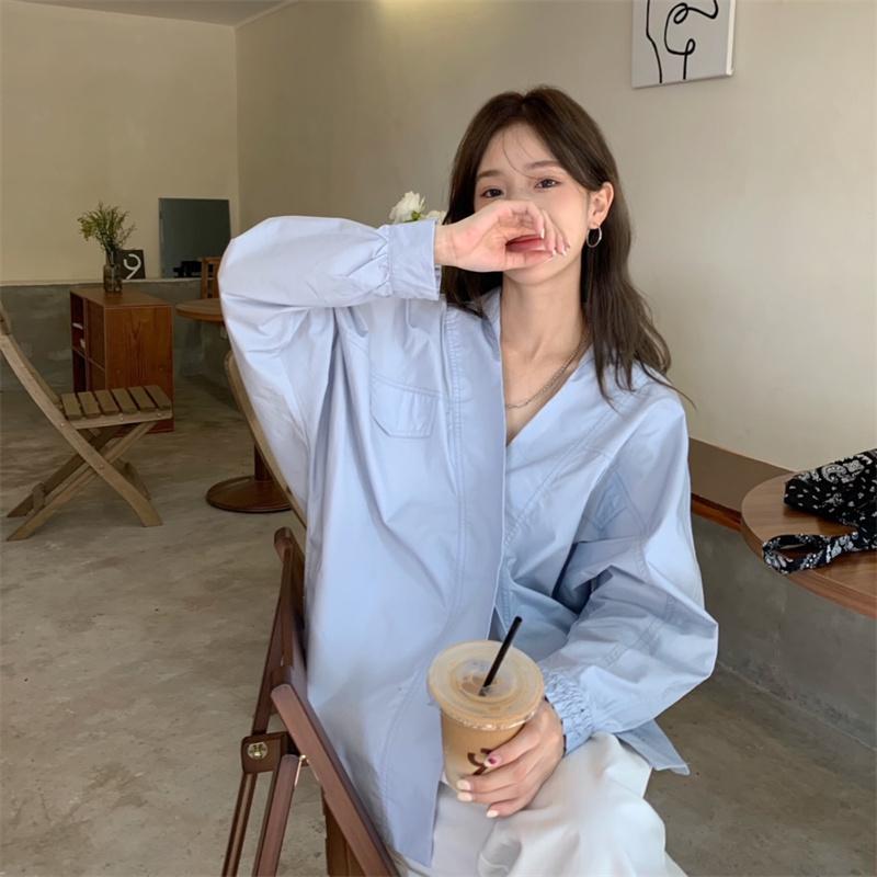 

Модная женская рубашка с длинным рукавом и V-образным вырезом, свободный топ на весну и осень, повседневная свободная офисная простая блузка, однотонная элегантная женская одежда 2957 XL синий