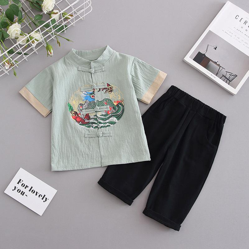 Completo Estivo da Ragazzo a Maniche Corte Stile Cinese per Bambini Hanbok Bello Completo Tang Cotone Lino Sezione Sottile di Abbigliamento Antico