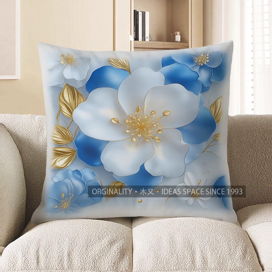 Home Decor Blue & White Flowers With Gold Accents Pillow Cover Pattern Cushion Cover Suitable For Sofa Bedroom Car Pillow Cover