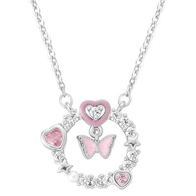 Collar de Mariposa Rosa con Corazón Brillante de Zirconia de Lujo Ligero para Mujer Colgante Redondo Exquisito Cadena para Clavícula Joyería de Fiesta para Niña Regalo