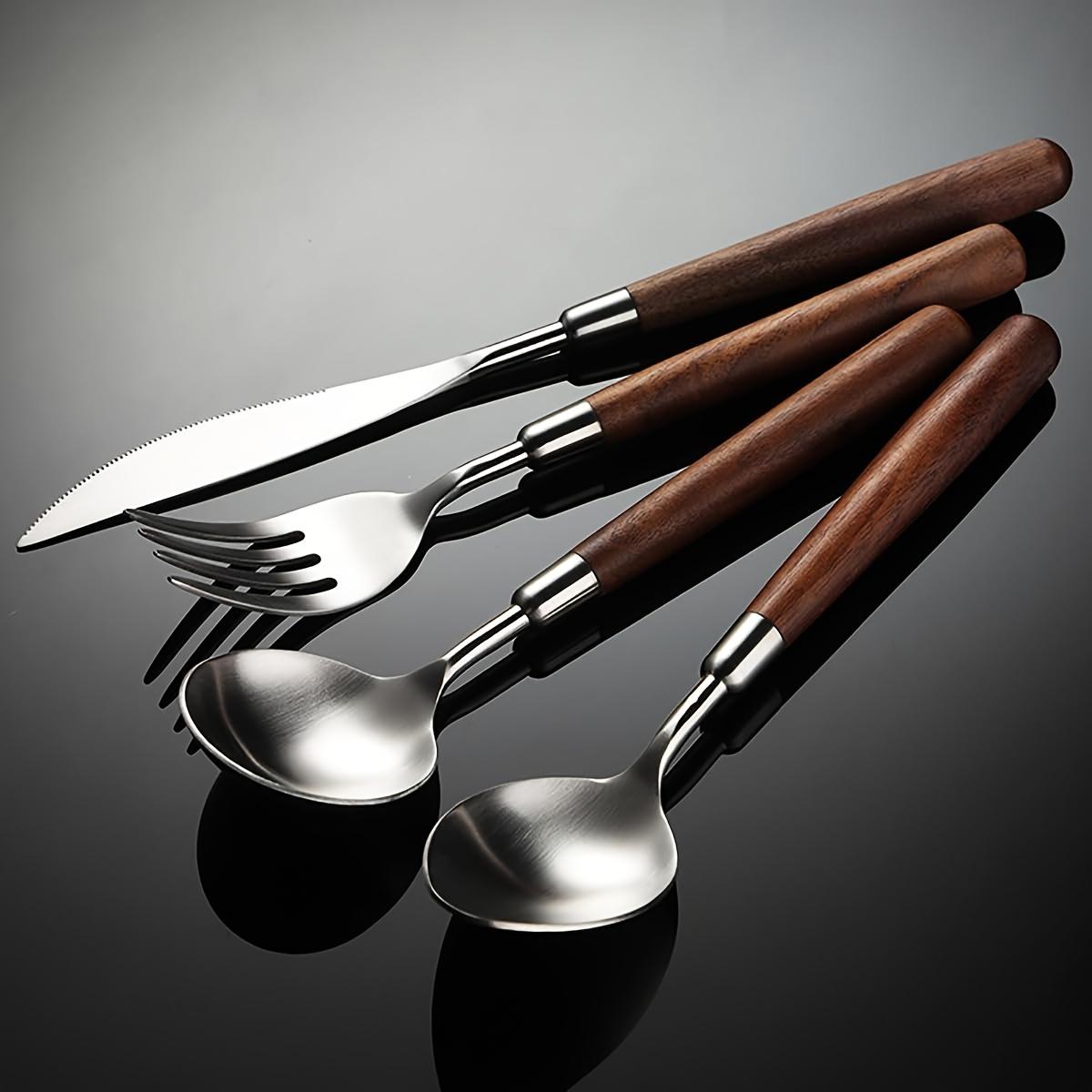 

Набор столовых приборов из нержавеющей стали с элегантными ручками из орехового дерева, включает нож, вилку, столовую ложку и ложку для салата, подходит для Рождества 4pcs