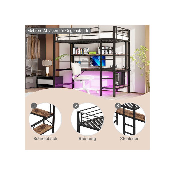 Łóżko dziecięce - MUVOE - Łóżko piętrowe 90x200 cm - Metal i MDF - Oświetlenie LED - Wbudowane gniazda USB