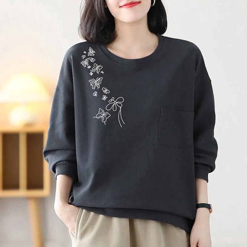 Sweatshirt für Damen Baumwolle Locker Oversized Verdickt Bequem Rundhals Lässiges Pullover-Top Sweatshirt