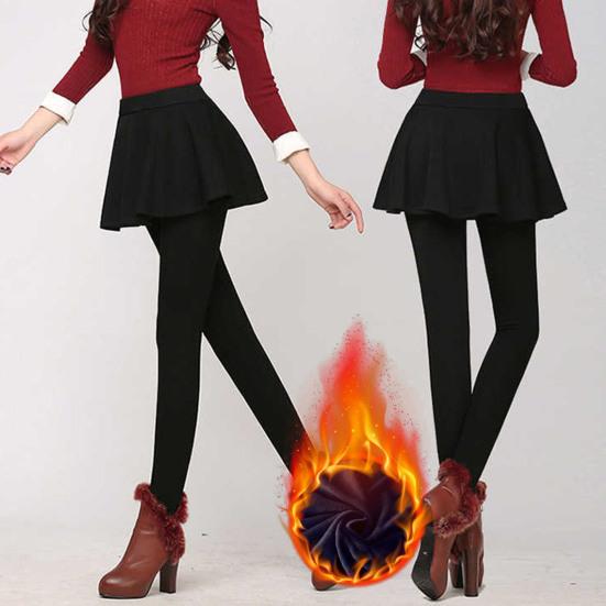 Women Fall Winter Pants Fake Two-piece High Elasticity A-line Pleated Skirt Patchwork Thick Plush-lined Solid Color Leggings