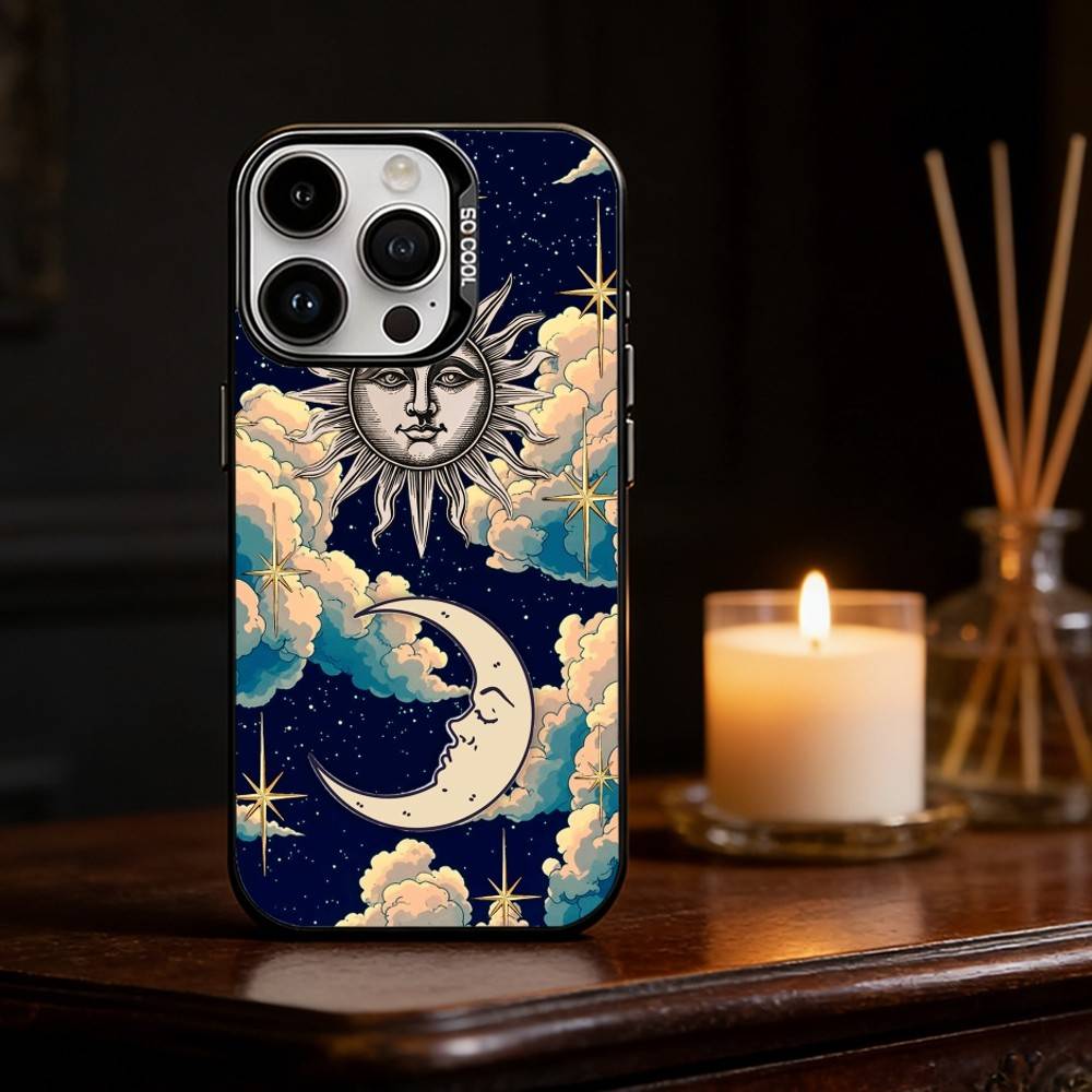 Retro Tarot Sonne Mond Sterne Handyhülle Farbe Silber Hülle Für IPhone 17 16 15 14 13 12 11 Pro Max Plus
